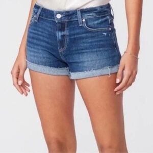 Paige Jimmy Jimmy Jean Short Cuffed Frayed Raw Hem Dark Wash Denim Cut Offs